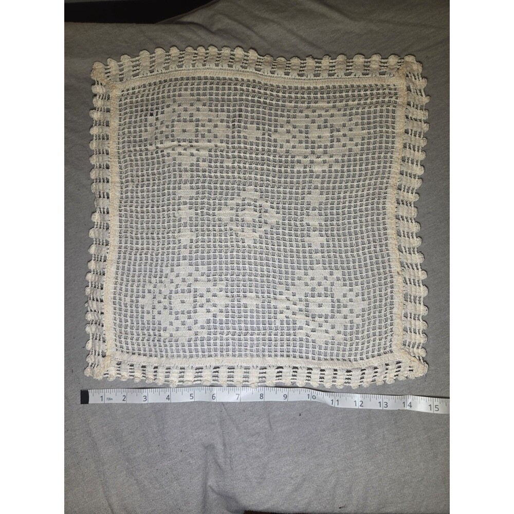 Vintage Ivory Filet Crochet Floral Square Doily Lace Decorative Edge 14"